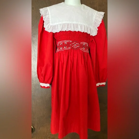 Vintage Dresses | Vintage Polly Flinders Hand Smocked Long Sleeved Dress, Size 7 Embroidered | Color: Red/White | Size: 7g | Katied1965's Closet